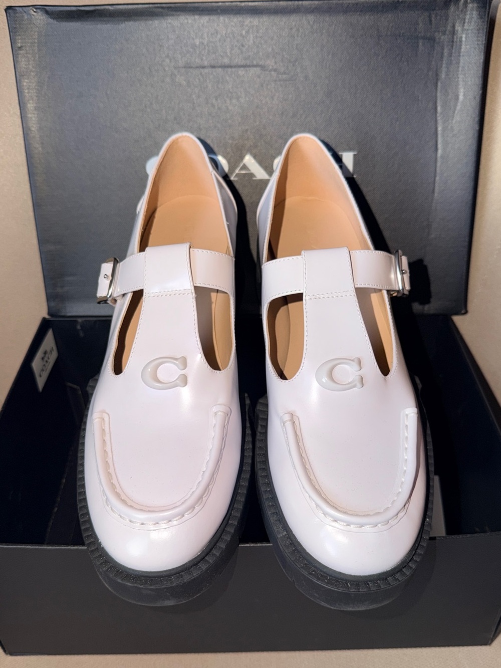 COACH Liv Leather T-Strap Mary Jane Loafers, White - Size 10 Women’s
